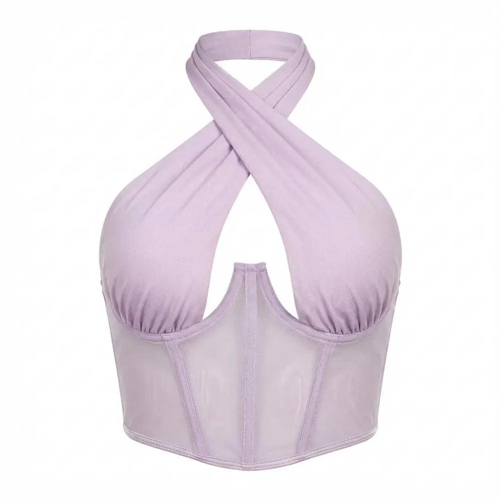 Fashion Solid Color Cross Halter Top Hollow Out Irregular Neckline Sleeveless Top Backless Camisole Summer Clothes