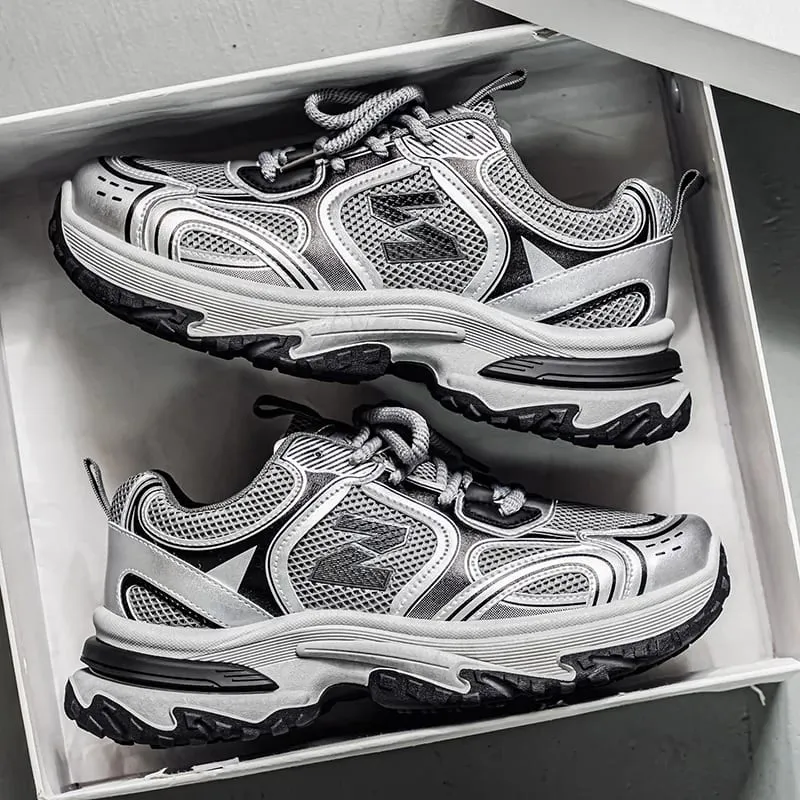 Men's Retro Chunky Dad Sneakers | Metallic Silver Platform Running Shoes