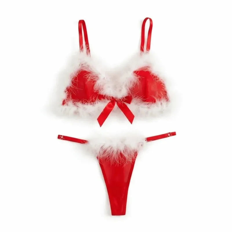 Sweet Furry Women's Underwear Mesh Transparent Wireless Lingerie Set Romantic Intimate Bow Decor Bra Panties Suit Christmas — image 7