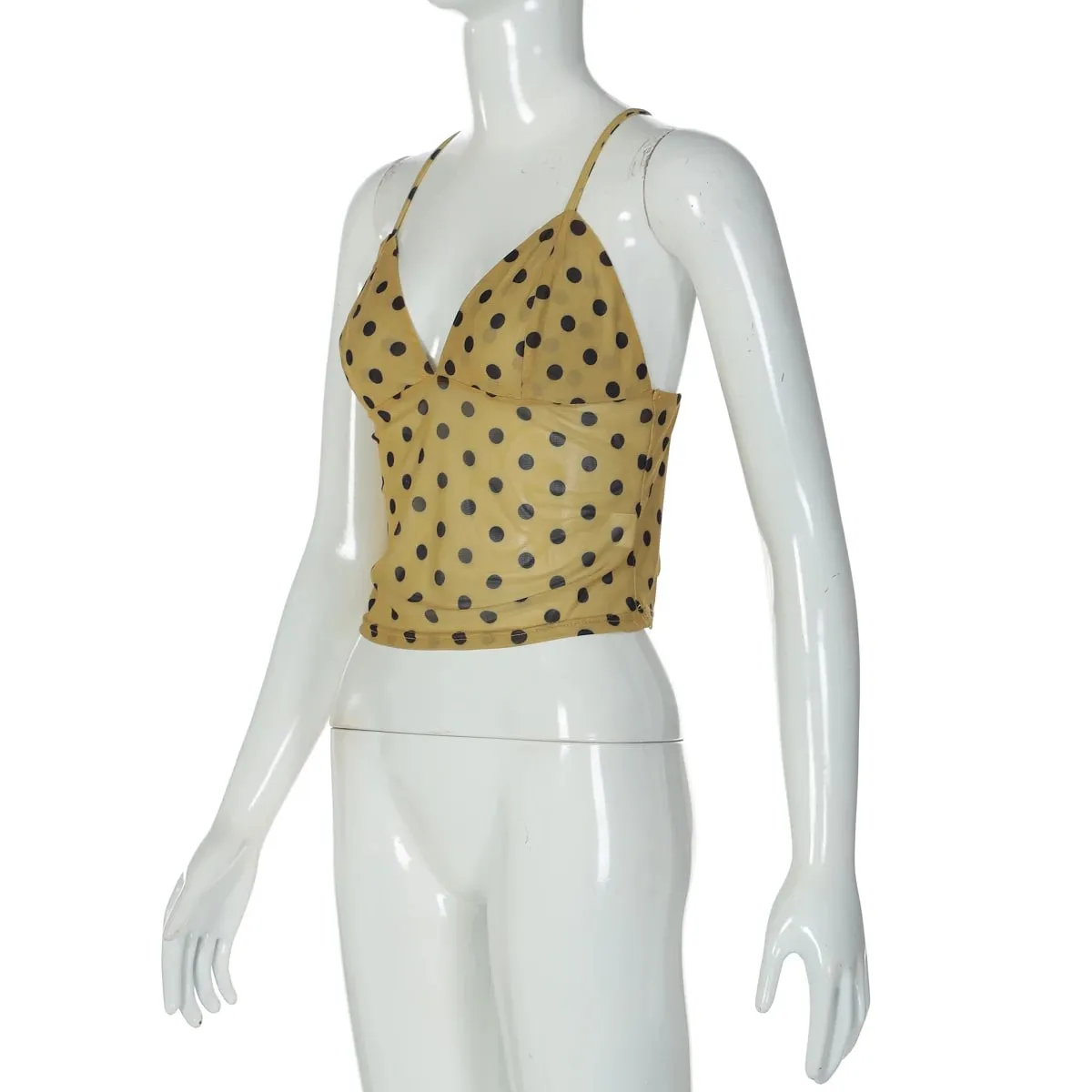 Hugcitar Spot Print V Neck Slips Backless Lace Up Sexy See Through Slim Crop Tank Top Women Fashion Outfit Vacation Party Club