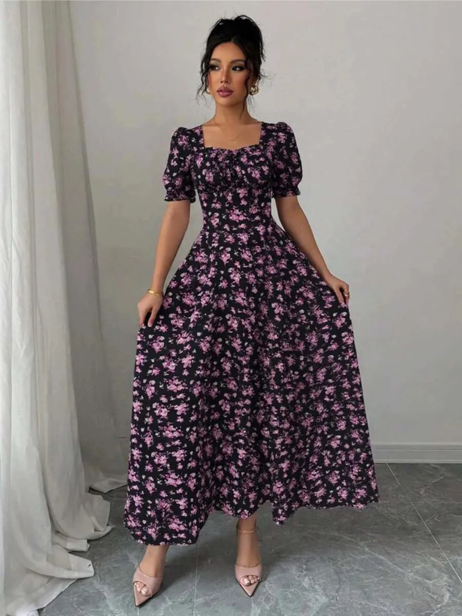 Women's Summer Maxi Dress Elegant Casual Puff Sleeve Square Neck Black Floral Print Long Evening Gown for Women — image 4