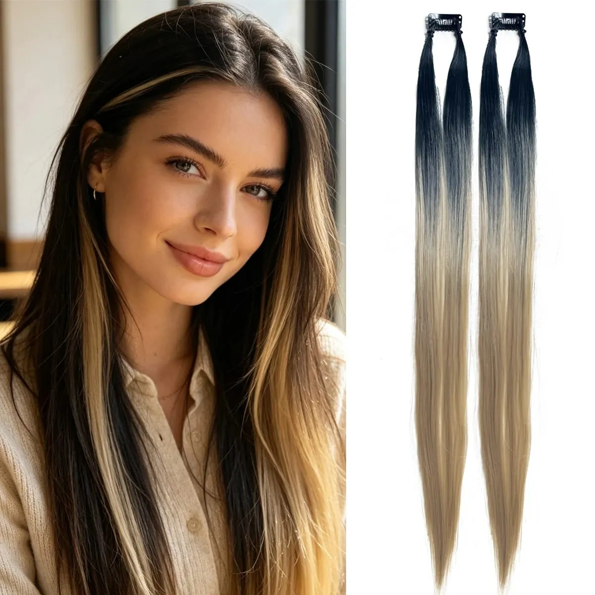 Clip‑in Hair Extensions Long Straight Ombre Synthetic Hair Pieces 2Pcs/Set Fashion Highlight Hair For Women Hair Accessories — image 8