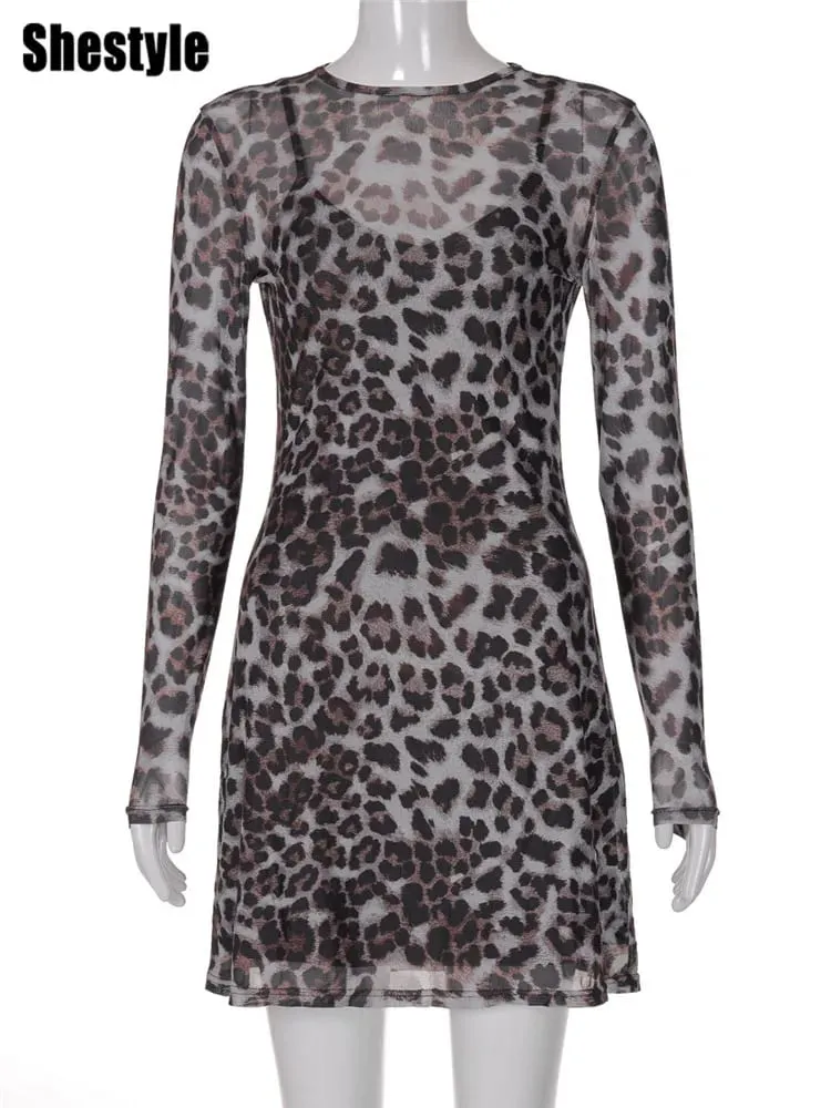 Shestyle – robe trapèze léopard Sexy pour femmes, ensemble deux pièces en maille transparente, mode extrêmement chaude, imprimé Animal de rue élégant — image 6