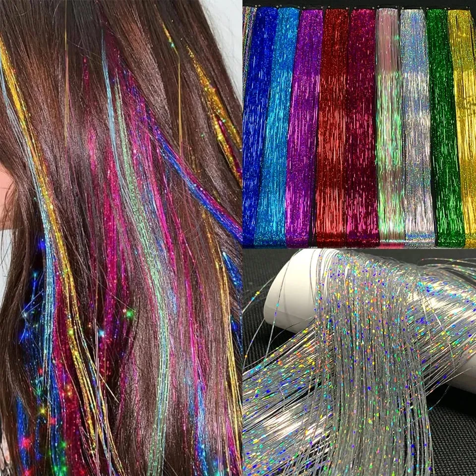 Long Straight Hair Tinsel Glitter Shiny Sparkly Synthetic Color Fresh Laser Clip in Hair Extensions Women Party Hair Accessori — image 2