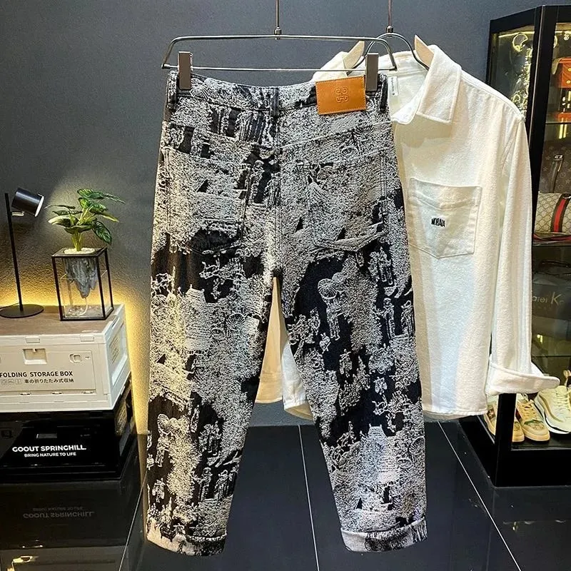 Autumn and Spring New Fashion Trend Print Retro Sports Straight Leg Jeans Men's Casual Comfortable High Quality Denim Pants — image 5