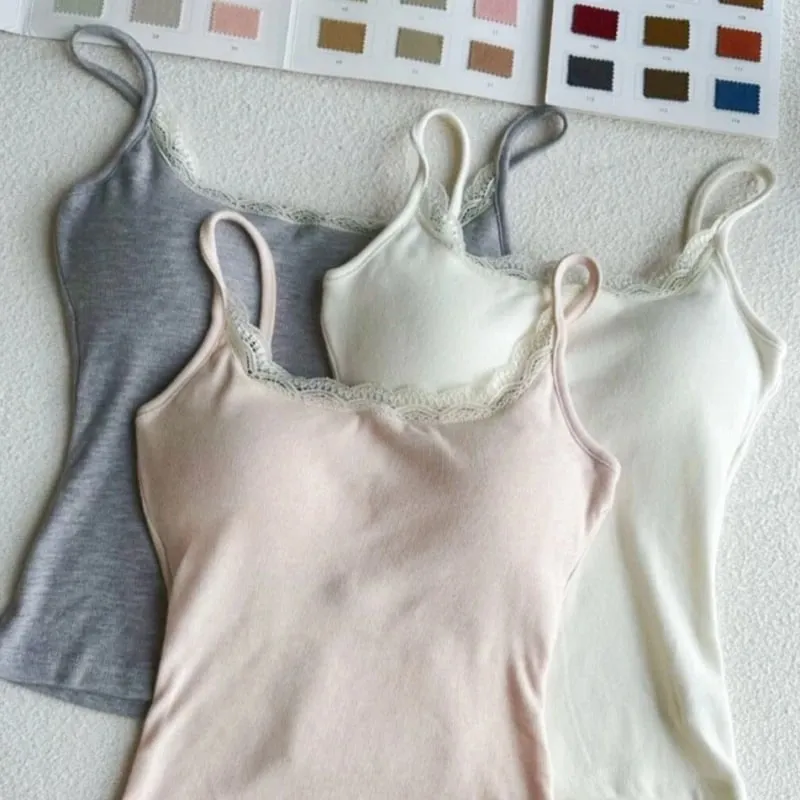 Women Lace Trim Camisole Built-in Bra Padded Elastic Slim Vest Sleeveless Spaghetti Strap Tank Top Soft Stretchy Basic Cami Top — image 3