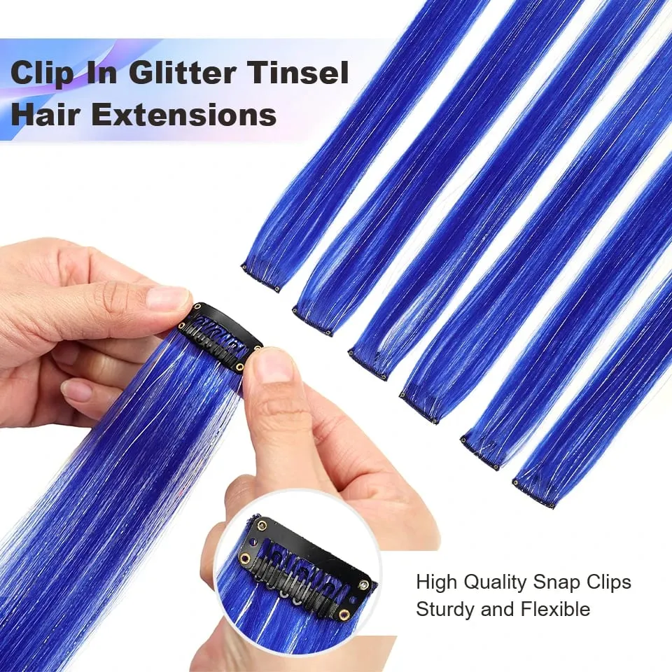 Synthetic Clip in Hair Extensions 12pcs/pack Clip in Colorful Hair Mixed Tinsels Glitter Hairpices for Women Girls Daily Party — image 3