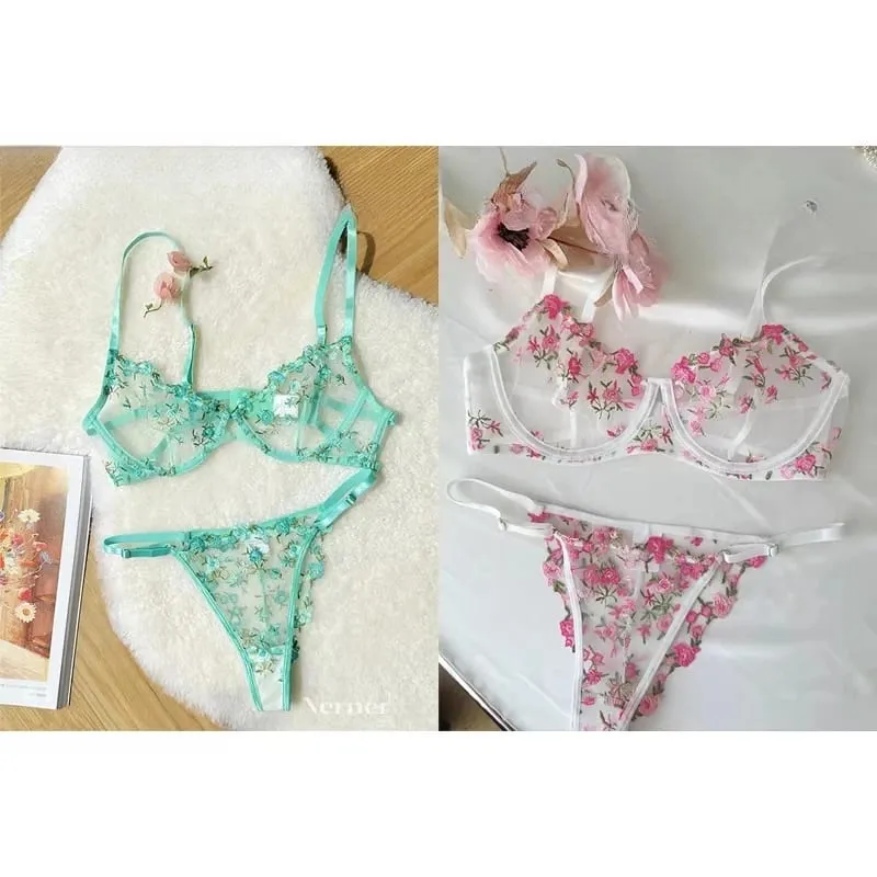 Transparent Floral Lace Embroidery Bra Set Summer Thin Minimizer Underwear Soft Breathable Full Bust Female Home Daily Wear S-XL — image 4