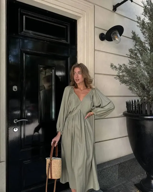 2026Spring Summer V Neck Backless Lace Up Dress Women Lantern Sleeve Loose Casual Long Dresses High Street Fashion Solid Robes — image 4