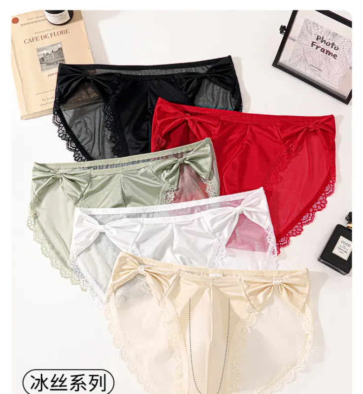 Women Panties for Men Bow High Cut Briefs Lace Mesh Sheer Underwear U Convex Pouch Breathable Underpant French Style Nightwear — image 24
