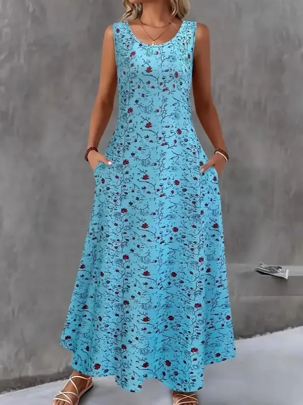 Women Summer Casual Sleeveless Floral Print Maxi Dress O Neck A-Line Long Dress With Pockets Loose Vestidos Beach Sundress — image 8