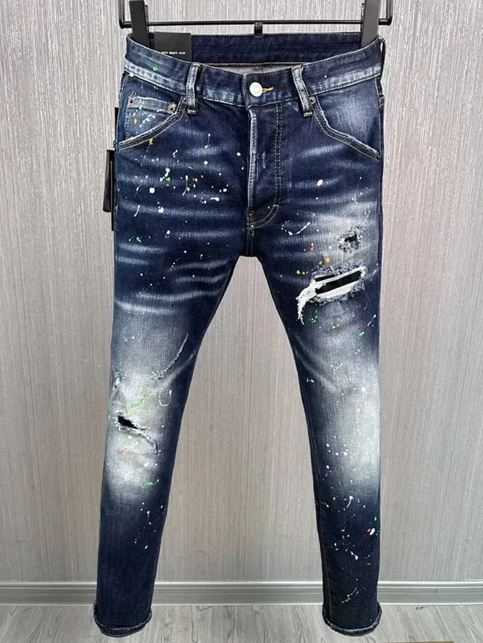 new D2 Men Jeans Badge Printed Coolguy Boy Long Pants Straight Pockets Hole SLIM BLUE embedded jeans pant 9811