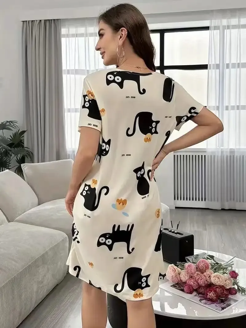 Women's Spring and Summer Cartoon Cat and Letter Print Pajamas Short-Sleeved Round Neck Dress — image 2