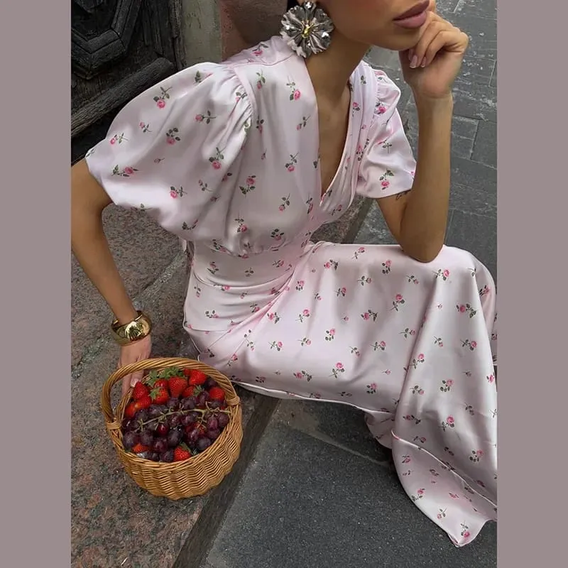 Elegant Print Women Long Dress Fashion V-neck Pleated Flutter Short Sleeve Empire Female Dresses 2026 Summer Chic Female Robe — image 7