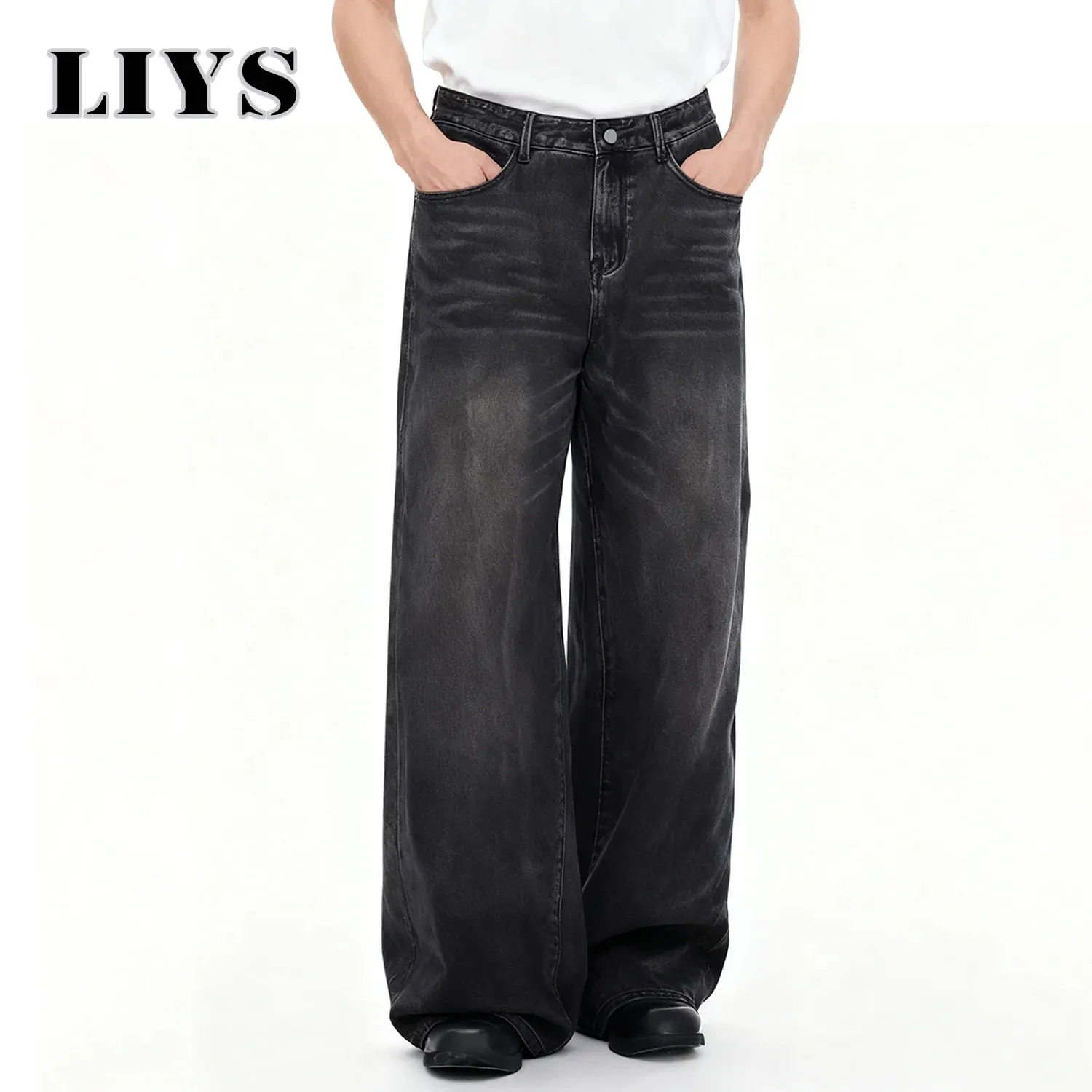 Four Season Men's Jeans Korean Version Student Casual Pant American Retro Gray Black Loose Wide Leg Jean Baggy Men's Denim Pants — image 2