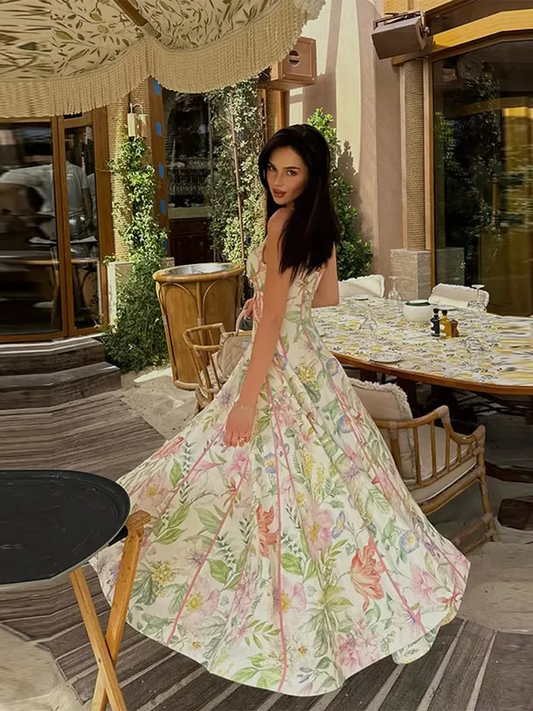 Elegant Printed Flower Women's Dress Contrast Sleeveless Halter Waist-Closed A-Line Lady Dresses Summer Fashion Vacation Robe — image 5