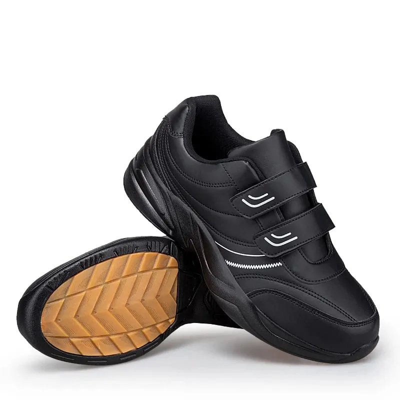 Men's Adjustable Hook And Loop Leather Sneakers Pure Black Casual Sports Shoes Big Size 47 48 Elderly Walking Shoes