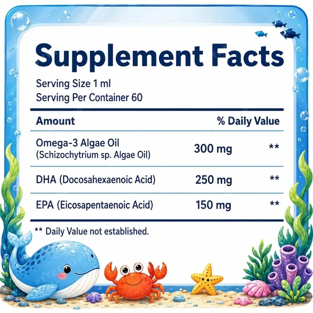 Docteat زيت طحالب أوميغا 3 نباتي من DHA EPA قطرات سائلة لصحة الدماغ للأطفال، نباتي غير معدّل وراثيًا، تغذية يومية برتقالية، 60 حصة — image 2