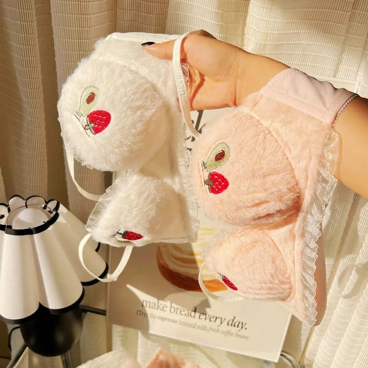 Cute Fruit Embroidery Lace Lingerie Sweet Bras Underpants Underwear Warm Two Piece Sets Sweet Plush Set Sexy Girlfriend Gift — image 3