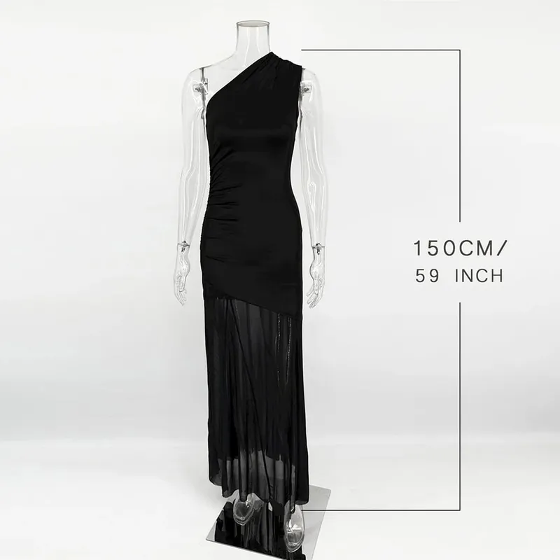 Ticketsx Off-shoulder doorzichtige jurk Effen hoge taille Patchwork Backless Slanke lange jurk Dames Vakantie Feestavondjurken