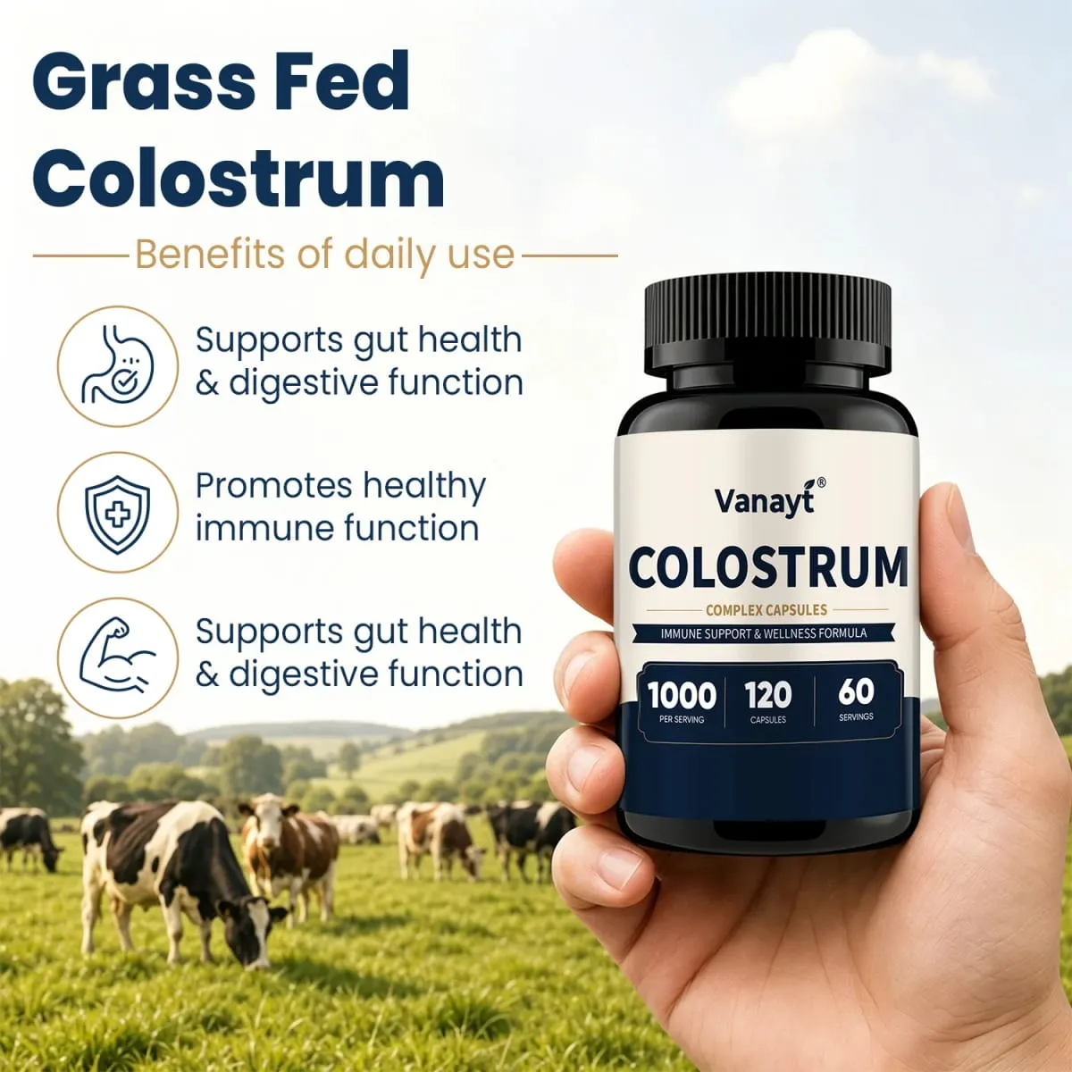 Colostrum Capsules 1000 mg Grass-Fed Immune Gut Digestive Health Skin Hair Nail Repair Energy Focus Support Supplement