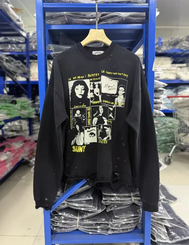 Autumn Winter New Saint Graffiti Print Vintage Washed High Street Casual Loose Cotton Versatile Hoodie Trendy Sports Top Men — image 24
