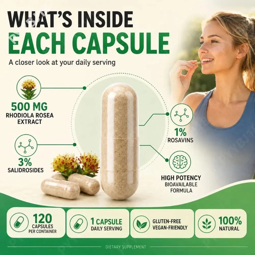 Rhodiola Rosea Capsules High Potency Formula Supports Mental Clarity & Focus Energy & Endurance Immune Health & Vitality 120 Ct — image 6