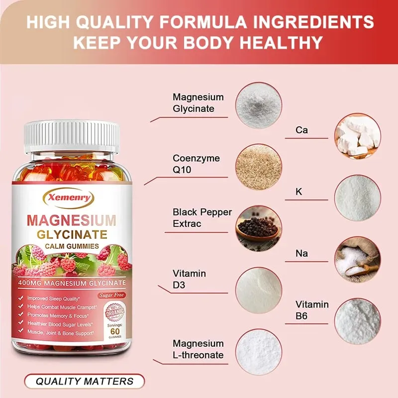Γλυκινικό μαγνήσιο Gummies Calm Ανακουφίζει από το στρες Υποστήριξη ύπνου Υποστήριξη Μνήμης Συγκέντρωση και μυϊκοί σπασμοί