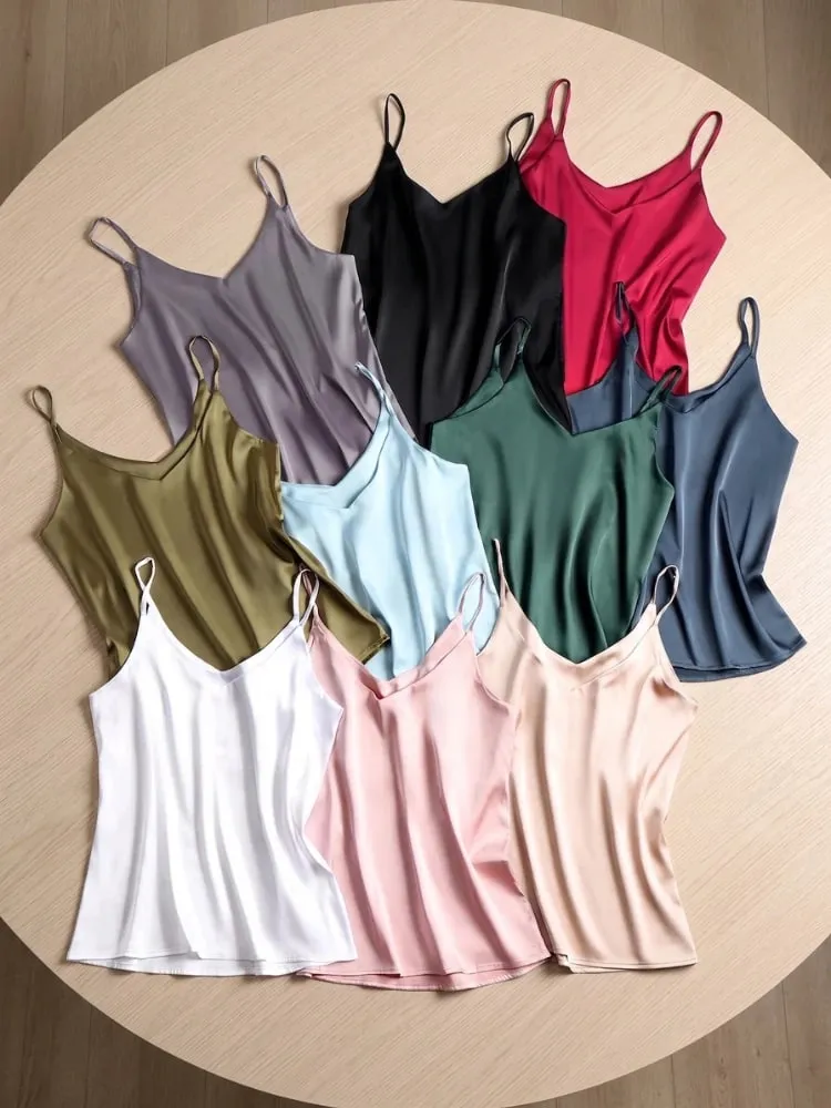 2026 Summer Spaghetti Strap Women Tank Top Halter V Neck Basic White Cami Sleeveless Satin Silk Tops Women'S Camisole