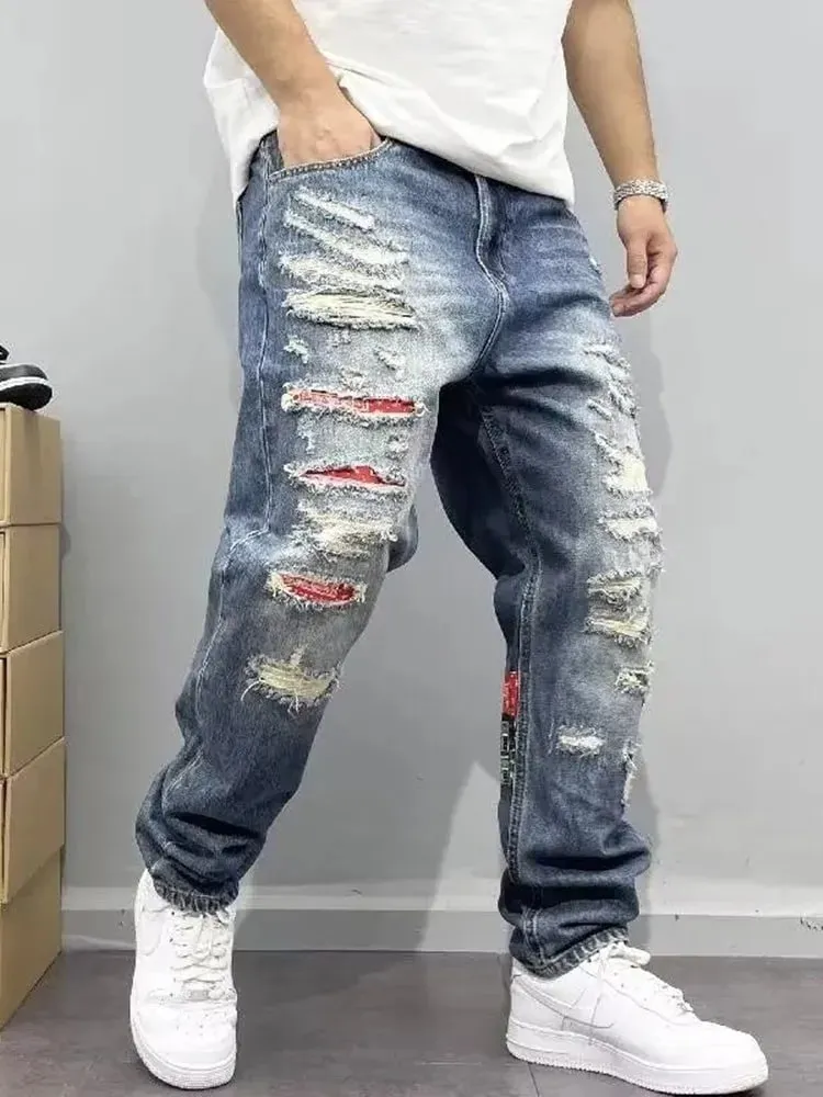 Spring and Autumn New Fashion Trend Ripped Straight Leg Elastic Jeans For Men's Casual Loose Retro Sports High-end Jeans 28-36
