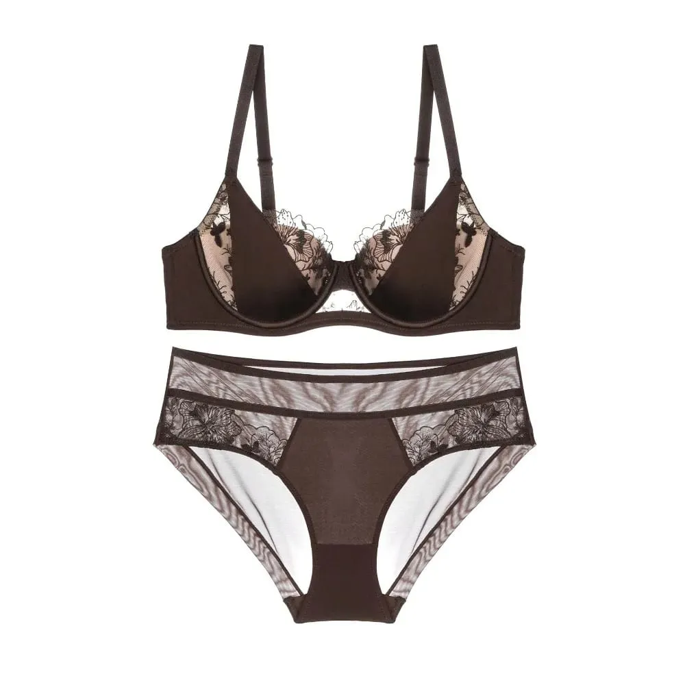 Big Bust D Cup Plus Size Color Block Lace Bra Set Thin Cup Full Coverage Brassiere Lingerie Set Curvy Women Underwear — image 3
