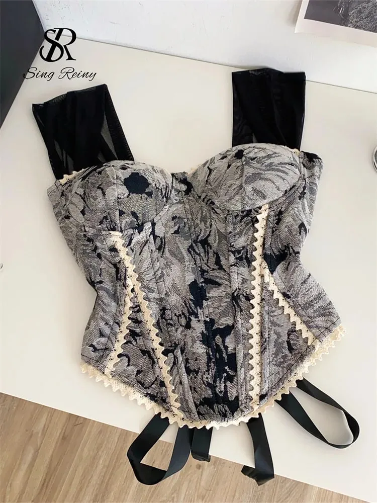 American Retro Print Evening Camisole Female Strap Lace Spliced Slim Top 2025 Streetwear Floral Vintage Beach Tank Top — image 4