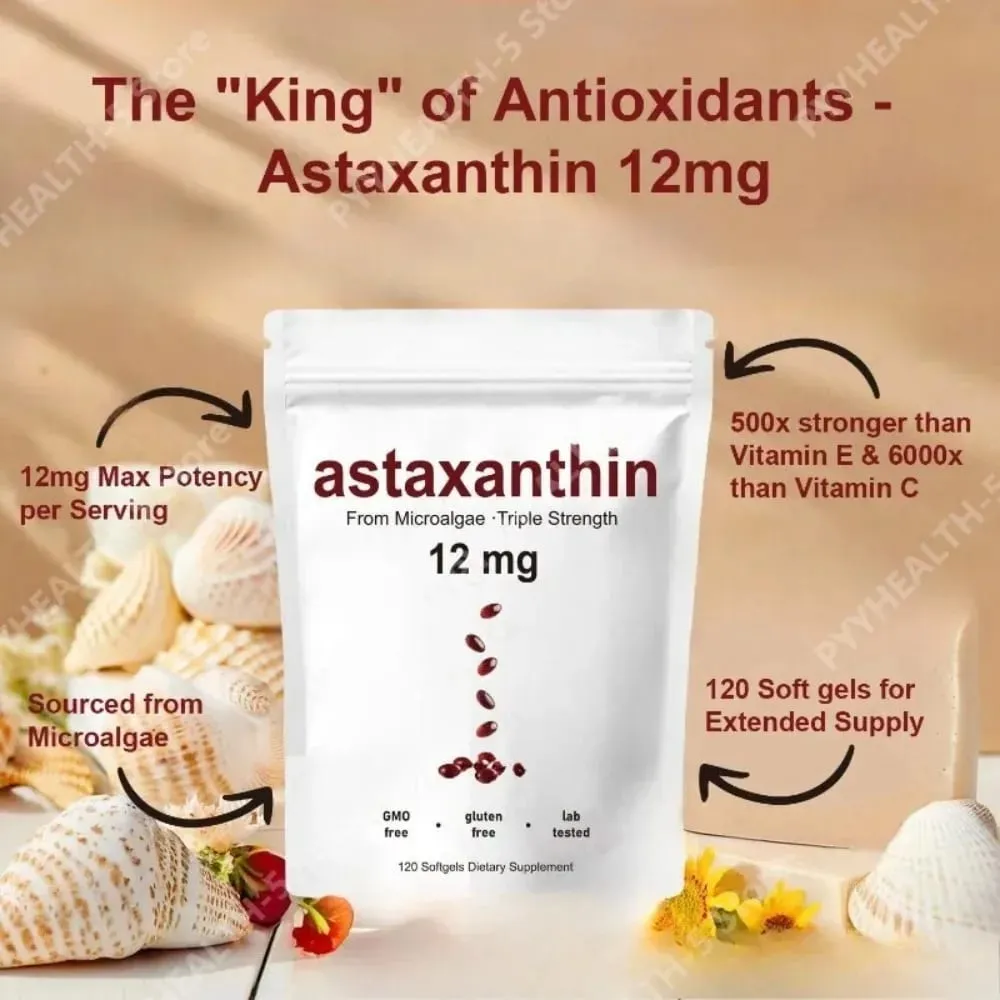 Astaxanthin 12mg softgels - daglig antioxidantstøtte Ikke-GMO glutenfri sojafri 120 kapsler til voksne — image 3