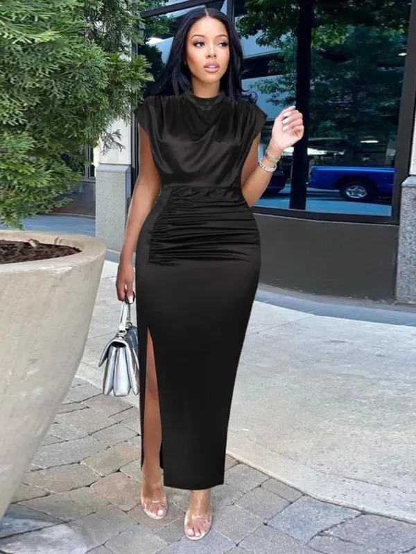 2026 Summer New Women's Color Ding Long Dress Solid Color Dress Split High Waist Temperament Bag Hip Commuter Dress — image 5