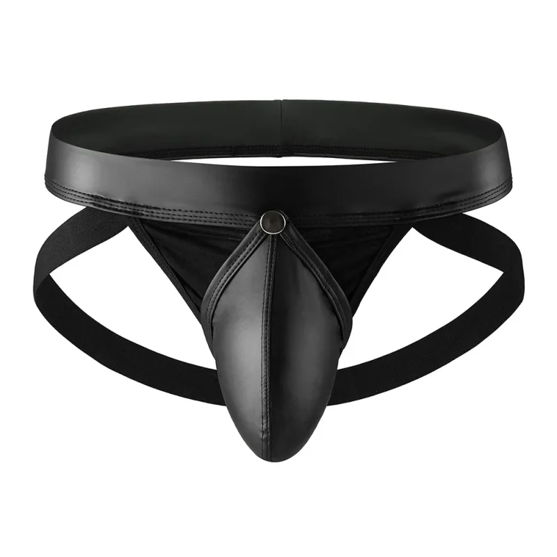 Men Faux Leather Gstring Thongs Underwear with Detachable Pouch Open Butt Low Waist Underpants for Comfortable Wear — image 2