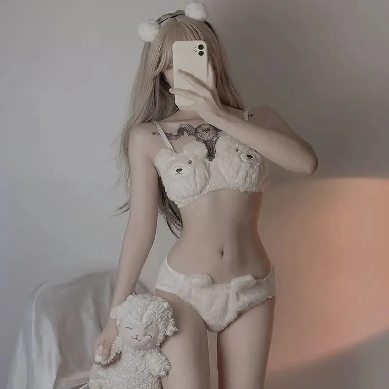 Women's Cute Velvet Bra Set – Winter Plush Lingerie No Steel Ring Push Up Bra & Sweet Bear Lolita Briefs — image 3