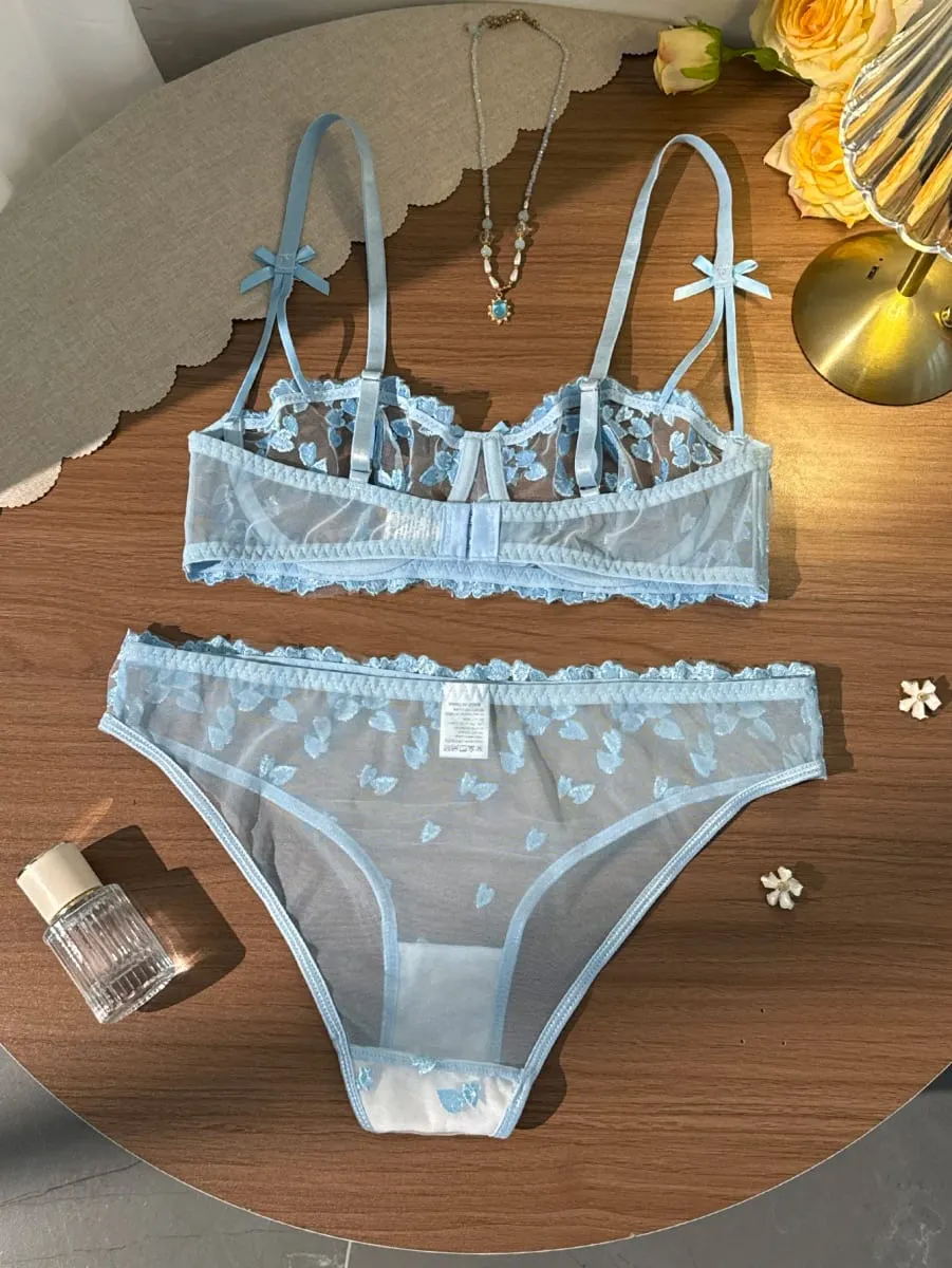 French Romantic Dreamy Light Blue Heart Embroidery Lace Underwear Set with Transparent Mesh Butterfly Knot Shoulder Strap Design — image 2