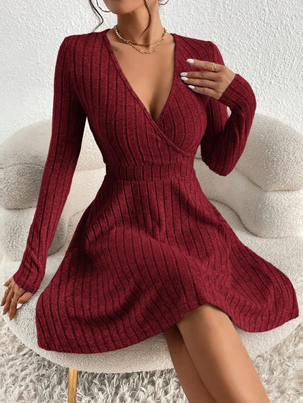 New for autumn/Winter 2024 Women Knit Slim Sexy Bodycon Dress V-Neck Long Sleeve Dress Solid Casual Midi Sweater Dress — image 7