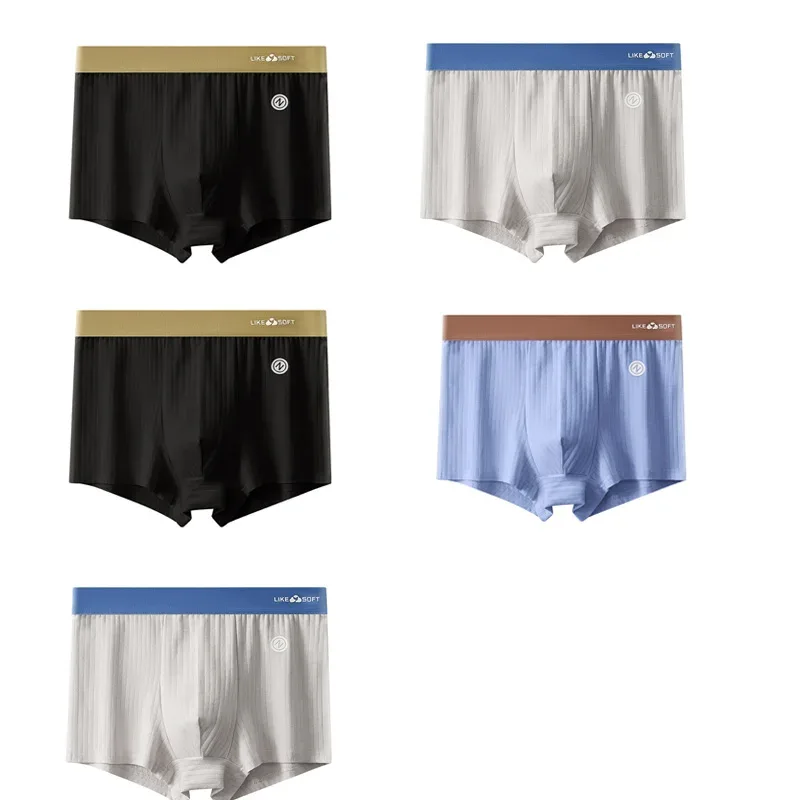 5Pcs Men Striped Boxer Briefs Soft Breathable Mid Waist Elastic Waistband Cotton Blend Men Underwear Shorts