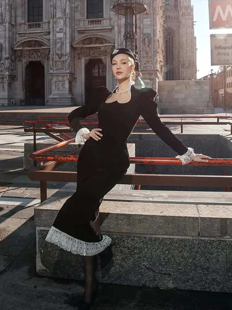 Full Sleeve Lace Patchwork Velvet Maxi Dress Women Elegant Stand Collar Puffed Slim Long Sexy Gowns Lady Evening Dinner Dresses — image 2