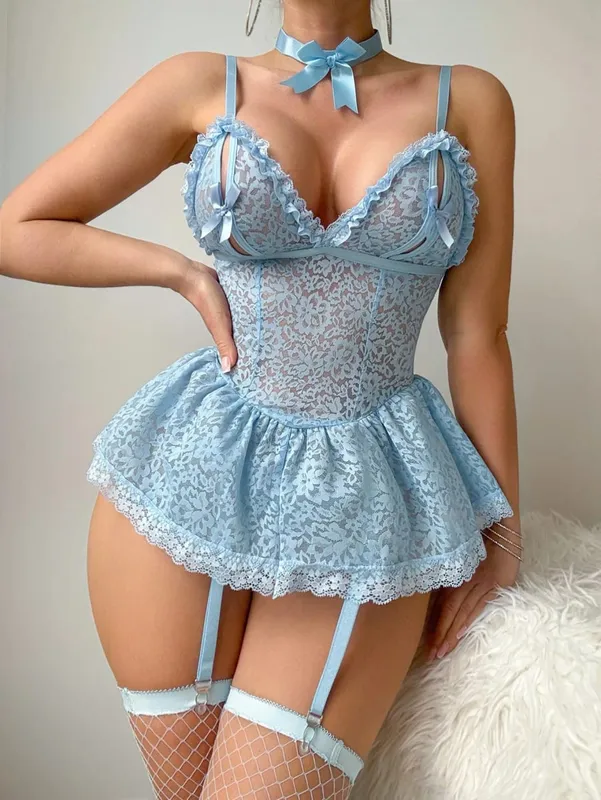 European And American Sensual Cute Girl Style Underwear Sexy Ultra Short See-Through Netting Gown Lingerie Set