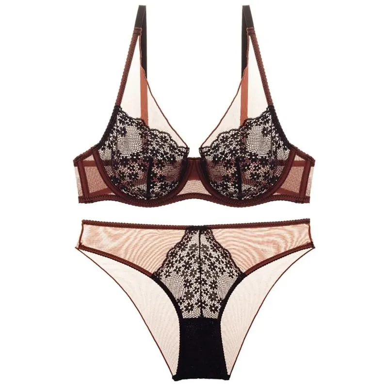 French Vintage Mesh Lace Flower Bra Set Brassiere Lingerie Push Up Bra Women Seamless Underwear Lace Floral Underpants Girl — image 9