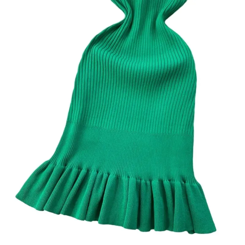 Women's Green Sleeveless Halter Neck Sundress Stretchy Ribbed Knit Ruffle Bodycon Mini Dress Casual Party Clubwear Short Dress — image 6