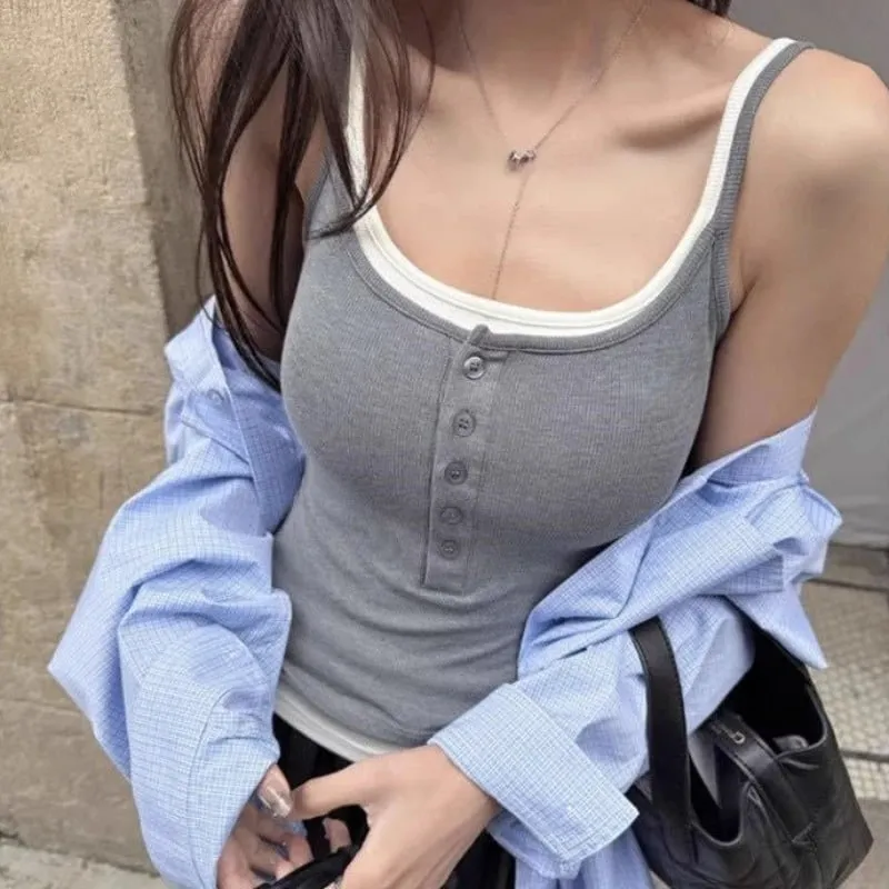 Spicy Girl Fake Two-piece Color Blocking Tank Top with Chest Pad Summer Spaghetti Strap Square Neck Button Casual Slim Fit Camis