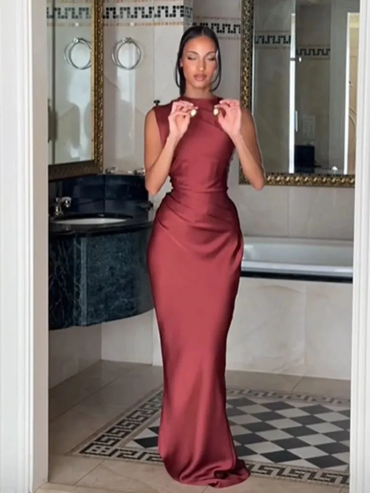 Ruched Waist Satin Long Dress Solid Bodycon Sleeveless Cowl Neck Fishtail Women Dresses 2026 Summer Lady Formal Evening Gowns — image 1