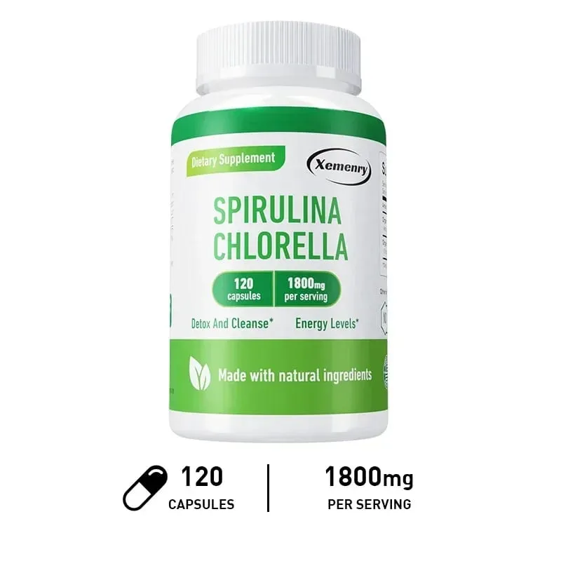 Spirulina Chlorella Capsules - Supports Cardiovascular and Immune System Health Powerful Antioxidant