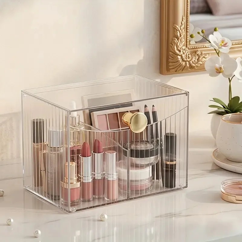Clear Acrylic Makeup Brushes Holder with 2 Compartments and Flip Cover Makeup Tools Organizer Lipstick Holder Cosmetics Storage — image 1