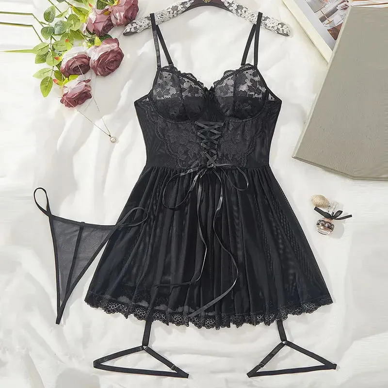 Sexy Bra And Garter Belt Lingerie Hot Red Babydoll Dress Erotic Women Exquisite 3-Piece Sets Thong Nightgown Set With Leg Rings — image 9