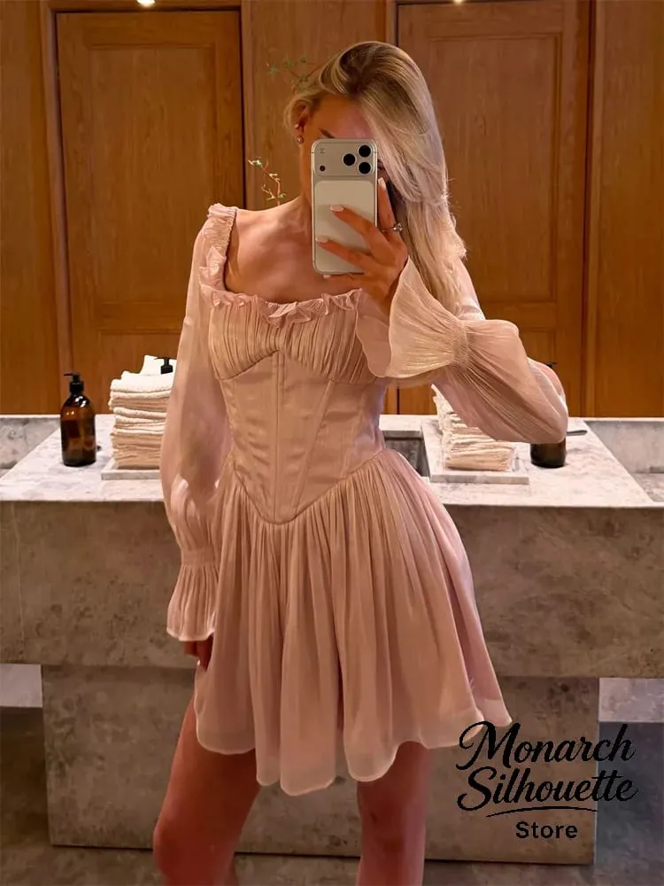 Elegant Square Collar Ruffle Trim Dress Women Chic Solid Full Sleeves Waist Cinching Short Dresses Lady Sexy Street Robes New — image 7