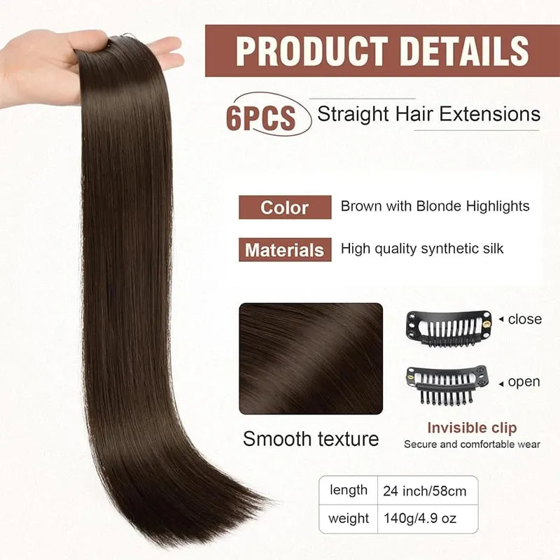 6PC Long Clip in Hair Extensions Brown Synthetic Straight Clip-in Hairpieces 24 inch Straight Hair Piece Extensions for Women — image 3